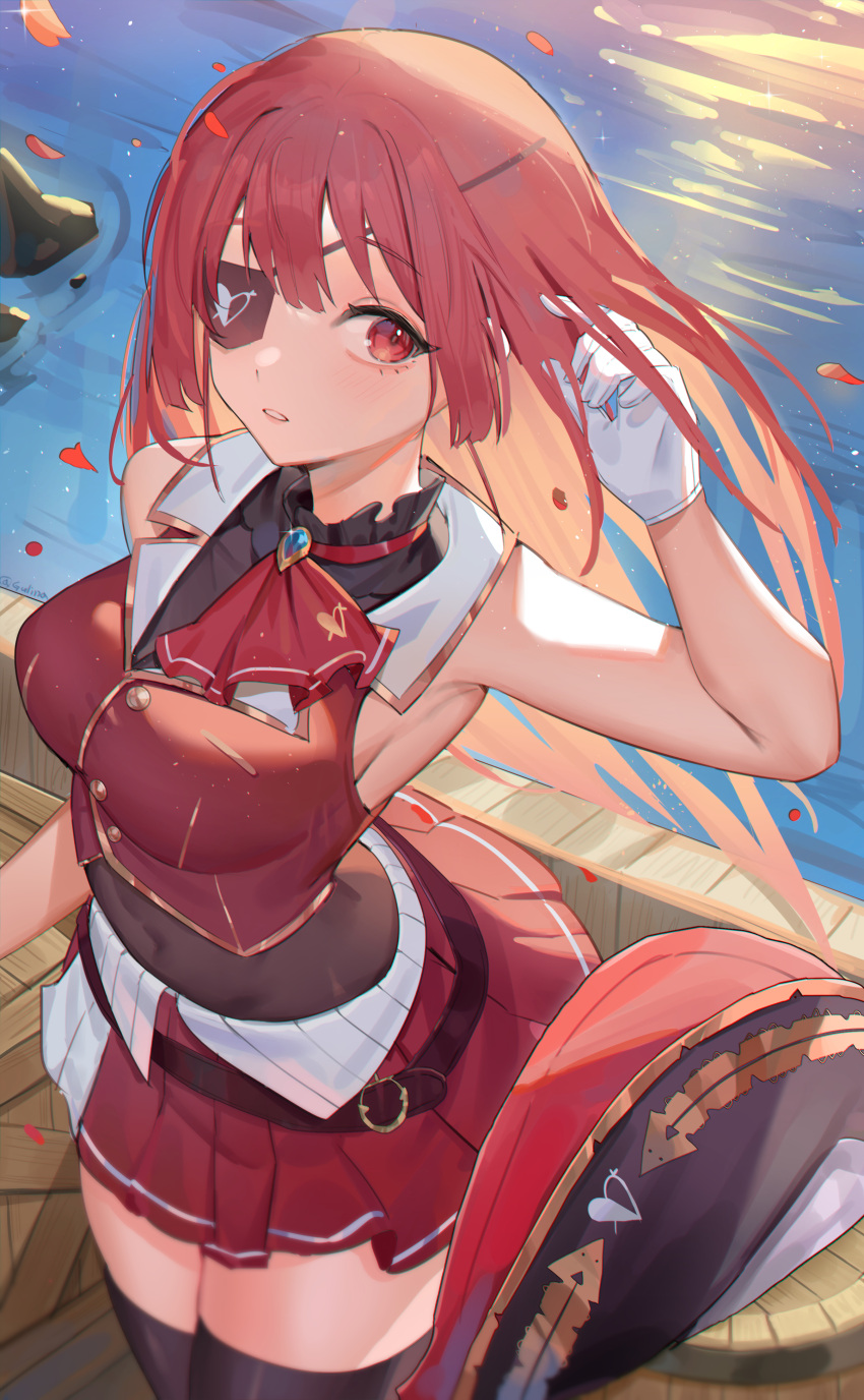 1girl absurdres armpits black_eyepatch black_legwear breasts eyepatch gloves gurina hat highres hololive houshou_marine large_breasts long_hair looking_at_viewer pirate_hat pleated_skirt red_eyes red_skirt redhead skirt solo thigh-highs virtual_youtuber white_gloves zettai_ryouiki