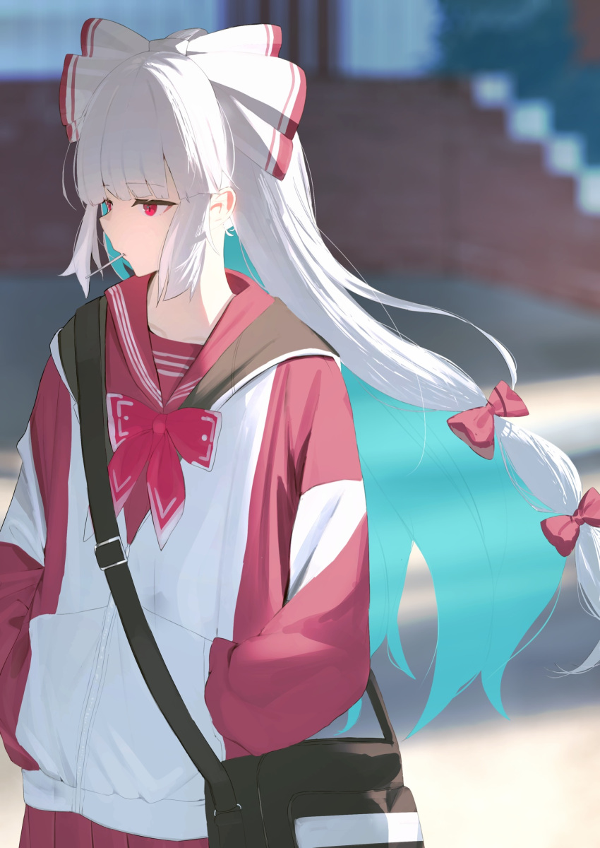 1girl 38_(sanjuuhachi) adapted_costume bag bangs blunt_bangs blurry blurry_background bow bowtie casual day eyebrows_visible_through_hair floating_hair fujiwara_no_mokou hair_bow hair_ribbon hands_in_pockets highres hood hoodie long_hair long_sleeves looking_to_the_side mouth_hold multi-tied_hair outdoors pleated_skirt profile red_bow red_bowtie red_eyes red_hoodie red_skirt ribbon shoulder_bag skirt solo toothpick touhou tress_ribbon two-tone_hoodie very_long_hair white_bow white_hair white_hoodie