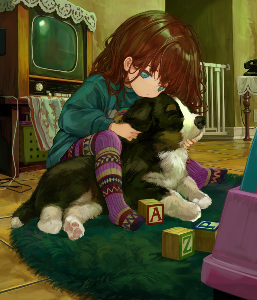 1girl absurdres alphabet_blocks animal bangs blue_shirt brown_hair child closed_eyes closed_mouth dog eyebrows_behind_hair freckles green_eyes highres indoors long_hair long_sleeves no_shoes original pantyhose phone rug safety_gate sero3eta shirt solo table television toy_block wooden_floor