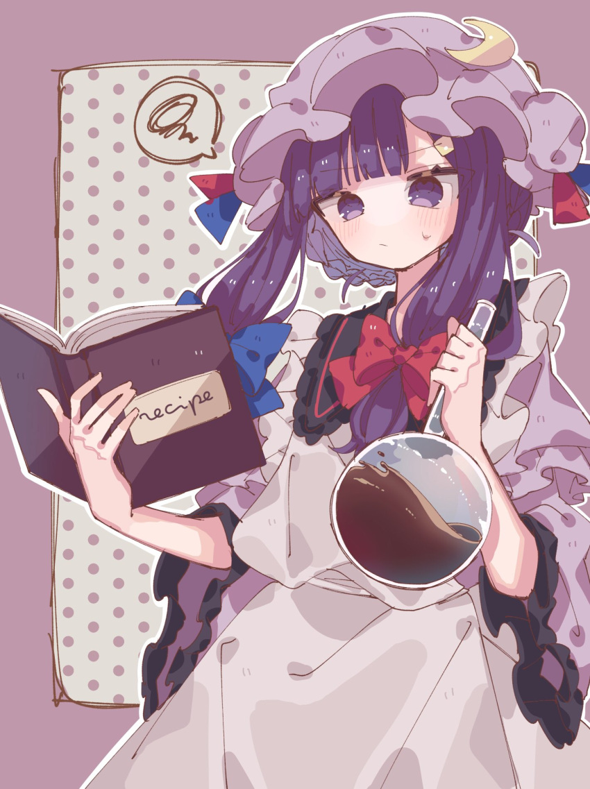 1girl apron bangs blue_bow blunt_bangs book bow chocolate closed_mouth crescent crescent_hat_ornament eyebrows_visible_through_hair hair_bow hat hat_bow hat_ornament highres holding holding_book looking_at_viewer patchouli_knowledge polka_dot polka_dot_background purple_hair purple_headwear red_bow roamu_65 sidelocks solo spoken_squiggle squiggle standing sweatdrop touhou violet_eyes white_apron