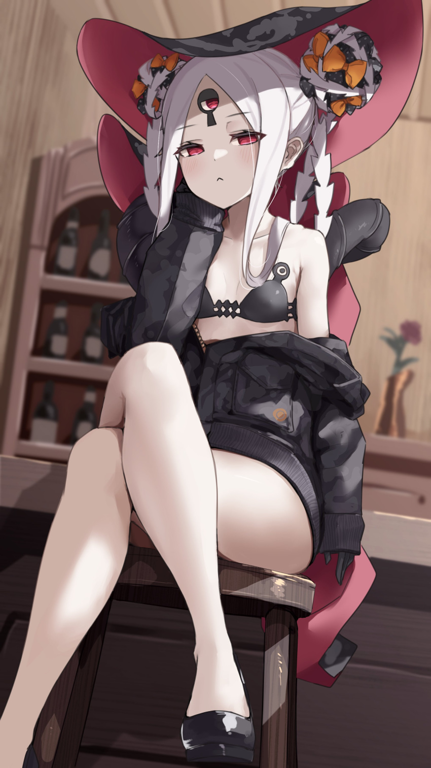1girl abigail_williams_(fate) abigail_williams_(swimsuit_foreigner)_(fate) absurdres bangs bare_shoulders bikini black_bikini black_bow black_jacket bow breasts collarbone colored_skin crossed_legs double_bun fate/grand_order fate_(series) forehead highres jacket keyhole kopaka_(karda_nui) legs long_hair multiple_bows off_shoulder orange_bow parted_bangs parted_lips red_eyes revision sidelocks sitting small_breasts solo stool swimsuit thighs third_eye very_long_hair white_hair white_skin