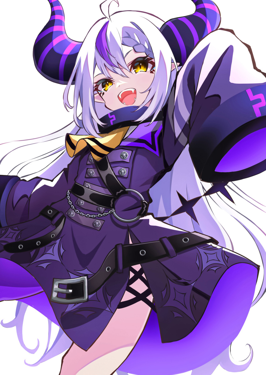 1girl :d absurdres ahoge ascot braid braided_bangs cowboy_shot demon_girl demon_horns fangs highres hololive horns la+_darknesss looking_at_viewer multicolored_hair pension_z pointy_ears purple_hair purple_horns silver_hair sleeves_past_fingers sleeves_past_wrists smile solo streaked_hair striped_horns trench_coat v-shaped_eyebrows virtual_youtuber yellow_ascot yellow_eyes