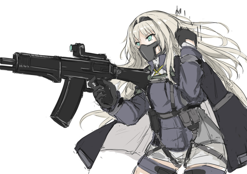 1girl an-94 an-94_(girls'_frontline) aqua_eyes arm_up assault_rifle bangs black_cloak black_gloves blonde_hair cloak eyebrows_visible_through_hair feet_out_of_frame girls_frontline gloves gun hairband holding holding_gun holding_weapon long_hair looking_away marche_mk14 mask masked rifle shorts solo standing tactical_clothes weapon white_background white_shorts