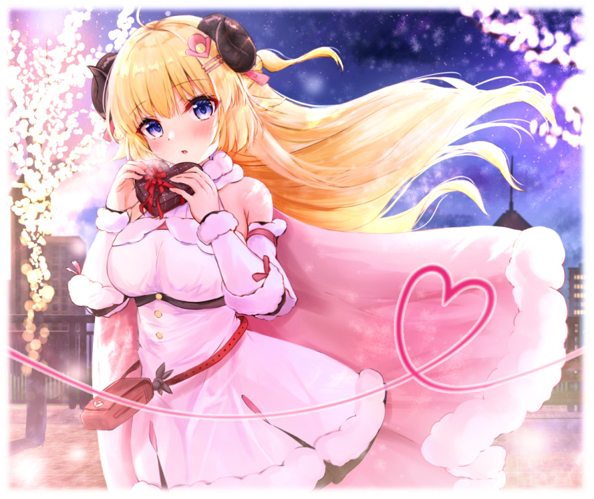 1girl animal_ears bag bangs blonde_hair blush box breasts commentary_request dress ex_idol eyebrows_visible_through_hair floating_hair gift gift_box hair_ornament hairclip hands_up heart-shaped_box holding holding_box hololive horns large_breasts long_hair long_sleeves looking_at_viewer outdoors parted_lips pink_dress red_ribbon ribbon sheep_ears sheep_horns solo tsunomaki_watame very_long_hair violet_eyes virtual_youtuber