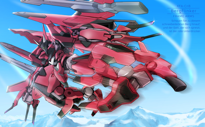 bergflinker character_name clouds flying frame_arms german_text highres mecha motion_blur motion_lines mountain no_humans science_fiction sky solo sparkle suzu_(garage516)