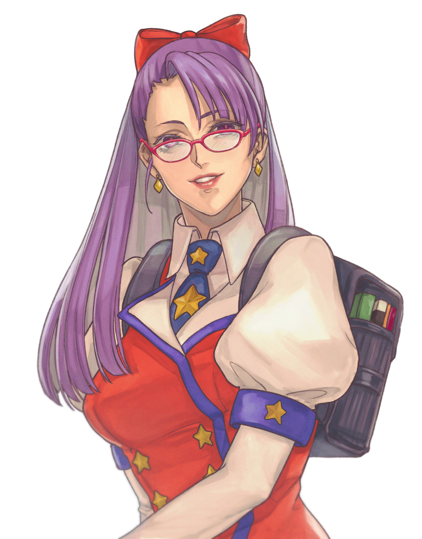 1girl asamiya_athena backpack bag bangs bespectacled black_bag blue_necktie book bow breasts collared_shirt commentary dress earrings english_commentary eyebrows_visible_through_hair glasses hair_bow highres jewelry kof:_maximum_impact kthovhinao_virmi lips long_hair looking_at_viewer maximum_impact_ii necktie parted_lips puffy_short_sleeves puffy_sleeves purple_hair red-framed_eyewear red_bow red_dress school_bag school_uniform shirt short_sleeves simple_background smile solo star_(symbol) star_print the_king_of_fighters violet_eyes white_background white_shirt