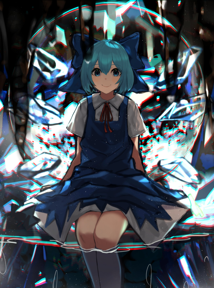 1girl absurdres arm_support arms_behind_back bangs blue_bow blue_dress blue_eyes blue_hair blurry bow chromatic_aberration cirno closed_mouth depth_of_field dress eyebrows_visible_through_hair feet_out_of_frame hair_between_eyes hair_bow highres icicle kurowa_(curowa) light_blush looking_at_viewer neck_ribbon pinafore_dress red_ribbon ribbon short_hair short_sleeves sitting smile solo touhou wing_collar