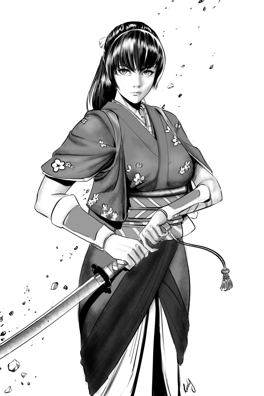 1girl absurdres arm_guards breasts cowboy_shot dead_or_alive greyscale highres japanese_clothes kasumi_(doa) katana kimono large_breasts monochrome obi roosdy_fisher sash serious solo sword weapon