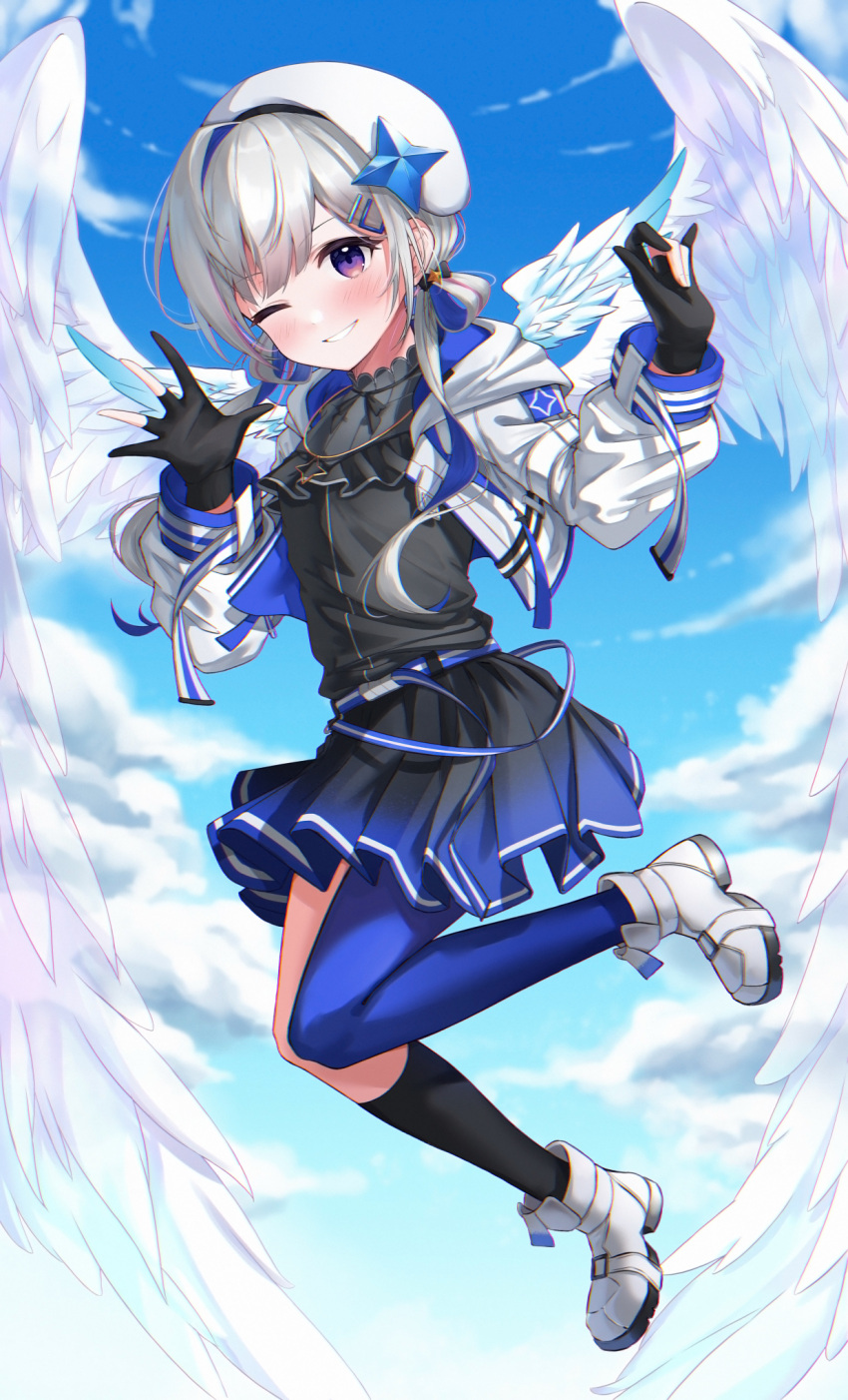 1girl ;d amane_kanata angel angel_wings asymmetrical_legwear belt beret black_dress black_gloves black_legwear blue_belt blue_hair blue_legwear blue_sky blush braid colored_inner_hair dress feathered_wings flying french_braid gloves hair_ornament hair_over_one_eye hair_rings hairclip hat highres hololive jacket jewelry kneehighs long_hair long_sleeves looking_at_viewer low_twintails mismatched_legwear multicolored_hair necklace one_eye_closed partially_fingerless_gloves pleated_dress saio425 shoes silver_hair single_hair_intake single_kneehigh single_thighhigh sky sleeveless sleeveless_dress smile sneakers solo star_(symbol) star_necklace thigh-highs twintails uneven_legwear violet_eyes virtual_youtuber waving white_footwear white_headwear white_jacket white_wings wings