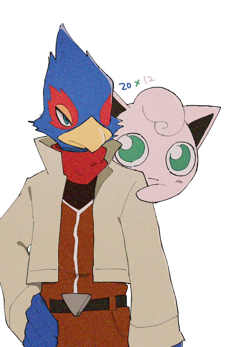1boy bandana beak belt bird_boy blue_eyes blue_fur blush body_fur brown_jumpsuit closed_mouth commentary_request cowboy_shot cropped_jacket crossover falco_lombardi furry furry_male green_eyes half-closed_eyes hand_on_hip high_collar highres jacket jaggy_lines jigglypuff jumpsuit light_blush long_sleeves looking_at_another open_clothes open_jacket peeking_out pokemon pokemon_(creature) red_fur standing star_fox super_smash_bros. two-tone_fur udon_(udon_xxx) white_jacket