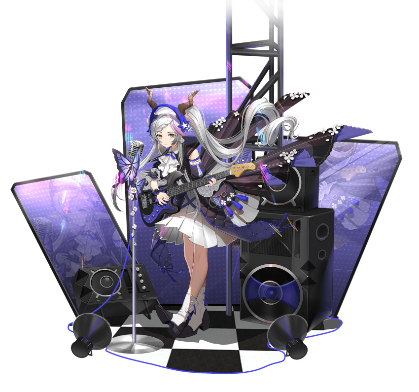 1girl ark_order ascot bass_guitar black_jacket black_scrunchie blue_butterfly blue_nails blue_ribbon braid braided_bangs bug butterfly cable checkered_floor detached_sleeves dress duzie_e faux_figurine full_body hair_ornament headphones highres holding holding_instrument horns instrument jacket long_hair long_sleeves looking_at_viewer microphone_stand multicolored_hair music neck_ribbon official_art parted_lips persephone_(ark_order) pink_hair playing_instrument pleated_dress puffy_long_sleeves puffy_sleeves ribbon scrunchie solo speaker stage star_(symbol) star_hair_ornament streaked_hair transparent_background twintails very_long_hair white_ascot white_dress white_hair wrist_scrunchie