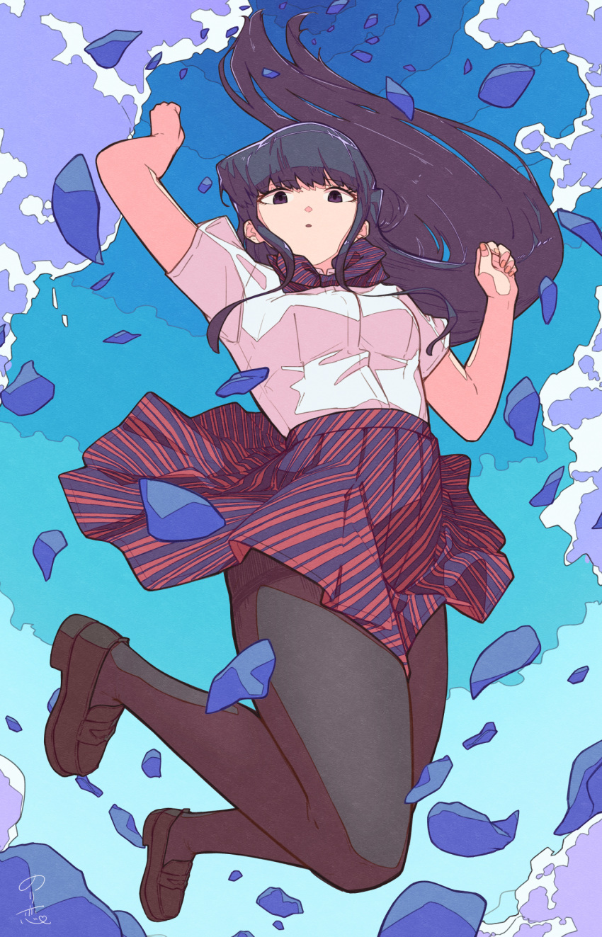1girl arm_up bangs black_hair black_legwear blue_sky bow bowtie breasts brown_footwear clothes_lift clouds commentary_request day diagonal-striped_neckwear diagonal-striped_skirt diagonal_stripes eyebrows_visible_through_hair floating_hair from_below hands_up high-waist_skirt highres jumping komi-san_wa_komyushou_desu komi_shouko ligne_claire loafers long_hair looking_at_viewer looking_down norikoi outdoors pantyhose parted_lips petals pleated_skirt school_uniform shirt shoes short_sleeves sidelocks signature skirt skirt_lift sky solo striped striped_bow striped_bowtie striped_skirt thighband_pantyhose violet_eyes white_shirt wind wind_lift