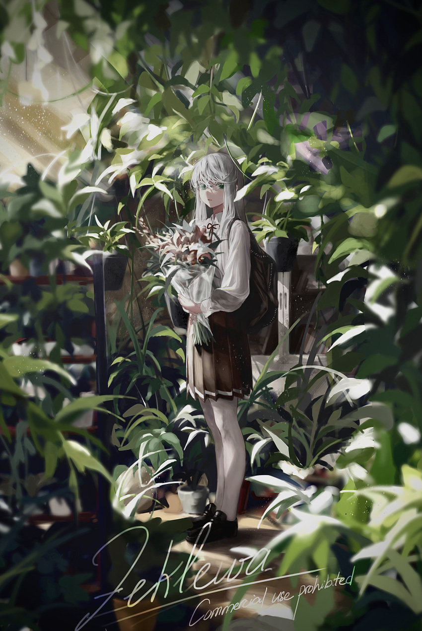 1girl absurdres black_footwear blurry blurry_foreground bouquet brown_skirt collared_shirt commentary_request english_text foliage frilled_skirt frills full_body green_eyes grey_hair highres holding legs_together light_particles light_rays loose_clothes loose_shirt open_mouth original plant potted_plant shaded_face shadow shirt signature skirt solo standing white_hair white_legwear white_sleeves zeklewaaa