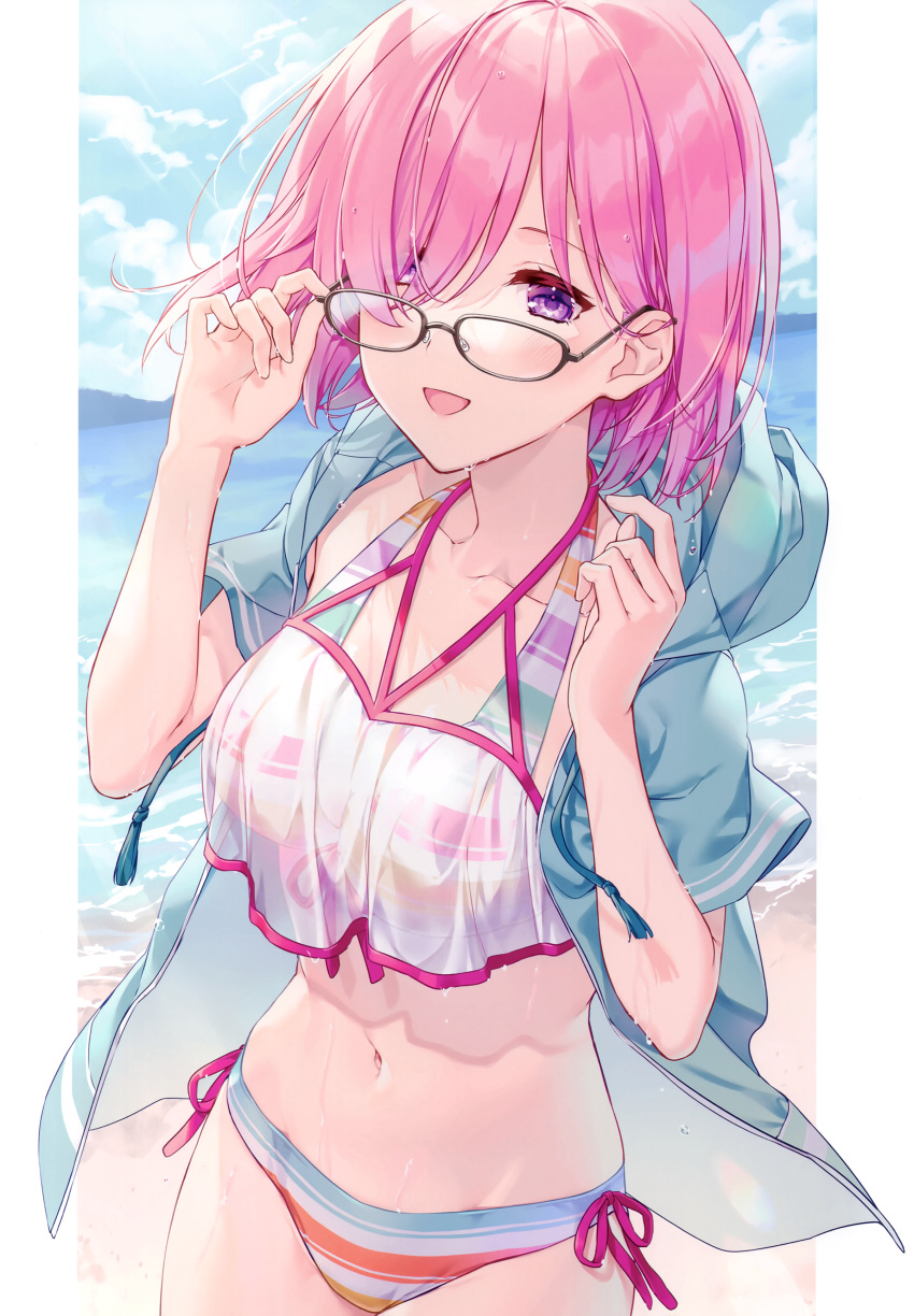 1girl absurdres bangs beach bikini breasts clouds cloudy_sky day fate/grand_order fate_(series) glasses hair_over_one_eye hands_up highres kuroki_(ma-na-tu) looking_at_viewer mash_kyrielight medium_breasts navel ocean open_clothes open_mouth outdoors pink_hair scan see-through short_hair short_sleeves simple_background sky smile solo stomach swimsuit violet_eyes water