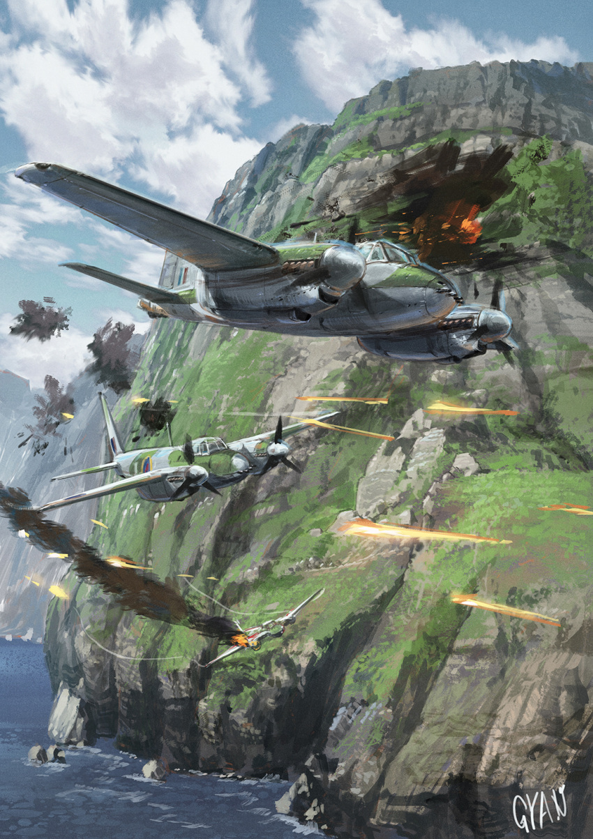 aircraft airplane clouds commentary_request fighter_jet flying gyan_(akenosuisei) highres jet military military_vehicle no_humans original scenery ship sky vehicle_focus watercraft