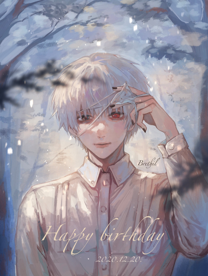 1boy absurdres artist_name bangs black_nails blurry blurry_foreground brethil collared_shirt commentary_request dated eyepatch happy_birthday highres kaneki_ken long_sleeves looking_at_viewer male_focus red_eyes shirt short_hair signature smile solo tokyo_ghoul upper_body white_hair white_shirt