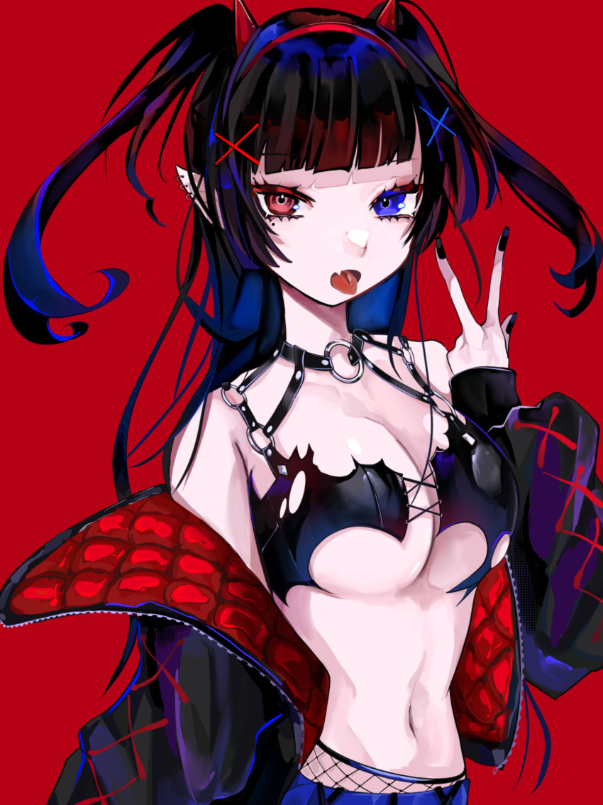 1girl absurdres bare_shoulders black_hair black_jacket black_nails blue_eyes blue_hair chest_harness demon_girl demon_horns earrings eyelashes fang fingernails hair_ornament hairband harness heterochromia highres horns jacket jewelry long_eyelashes long_fingernails long_hair mamiya_miya multicolored_hair nail_polish navel o-ring open_mouth original padded_jacket pointy_ears red_background red_eyes red_hairband red_horns simple_background skin_fang skindentation solo tongue tongue_out torn torn_clothes twintails w x x_hair_ornament