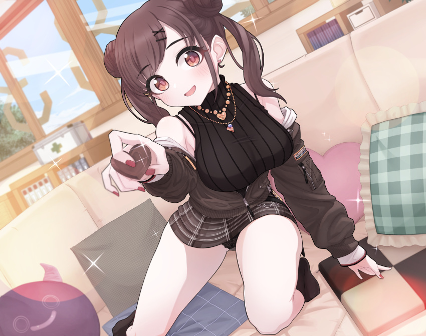 1girl absurdres artist_request black_panties black_shirt breasts brown_eyes brown_hair candy chocolate commentary_request double_bun dutch_angle earrings feeding food hair_ornament hairclip heart heart-shaped_chocolate highres idolmaster idolmaster_shiny_colors indoors jewelry large_breasts looking_at_viewer miniskirt nail_polish necklace off_shoulder panties pillow plaid plaid_skirt red_nails shirt short_twintails skirt sleeveless sleeveless_shirt solo sonoda_chiyoko sparkle twintails underwear