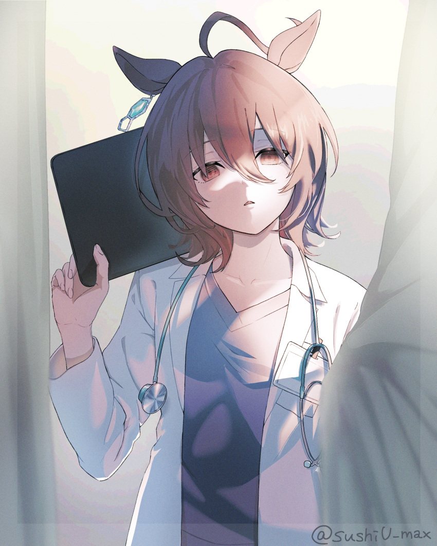 1girl absurdres agnes_tachyon_(umamusume) ahoge alternate_costume animal_ears brown_eyes brown_hair chemical_structure clipboard curtains earrings empty_eyes fingernails hand_up highres holding holding_clipboard horse_ears horse_girl jewelry kadokura_(sushiu_max) labcoat long_sleeves medical_scrubs medium_hair messy_hair parted_lips single_earring solo stethoscope umamusume