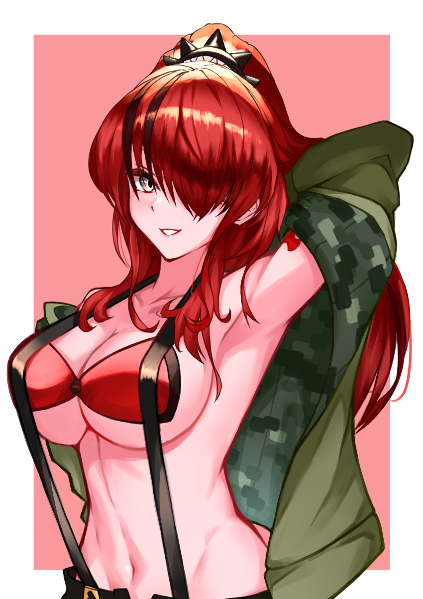 1girl absurdres arm_up armpits bangs bare_shoulders black_hair breasts commentary_request green_jacket grey_eyes grin hair_over_one_eye highres jacket kurosaki_saya lain_paterson large_breasts long_hair looking_at_viewer multicolored_hair navel nijisanji off_shoulder open_clothes open_jacket pasties redhead smile solo stomach streaked_hair suspenders upper_body