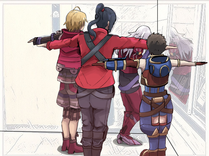 1girl 3boys black_hair blonde_hair brown_hair cowering elma_(xenoblade_x) jacket loukyiakiya meme multiple_boys noah_(xenoblade) ponytail red_jacket reflection rex_(xenoblade) shulk_(xenoblade) standing t-pose white_hair xenoblade_chronicles xenoblade_chronicles_(series) xenoblade_chronicles_2 xenoblade_chronicles_3 xenoblade_chronicles_x