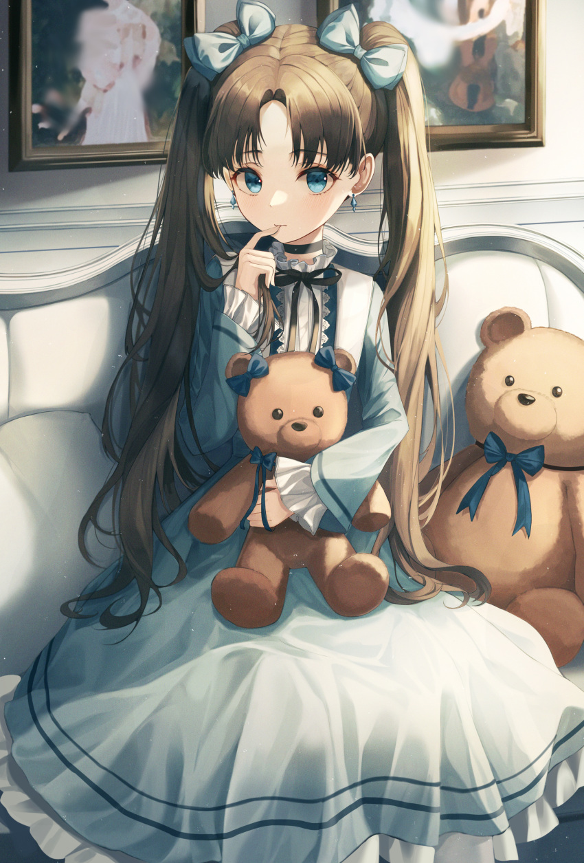 1girl absurdres bangs black_ribbon blue_bow blue_dress blue_eyes blue_ribbon blush bow brown_hair center_frills closed_mouth commentary couch dress english_commentary feet_out_of_frame finger_to_mouth flat_chest frilled_sleeves frills hair_bow hair_ornament hand_up highres holding holding_stuffed_toy indoors kneehighs long_hair long_sleeves looking_at_viewer mela_(rbw1s) neck_ribbon original parted_bangs picture_frame ribbon sitting solo stuffed_animal stuffed_toy teddy_bear twintails white_legwear