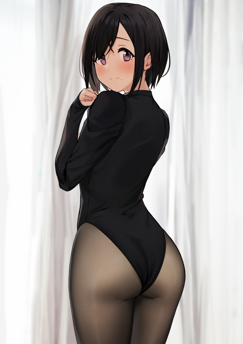 1girl absurdres anti_(0324) ass bangs black_hair black_leotard blush brown_legwear closed_mouth commentary cowboy_shot curtains english_commentary highres leotard long_sleeves looking_at_viewer mole mole_under_eye mole_under_mouth original pantyhose short_hair sleeves_past_wrists smile solo swept_bangs violet_eyes