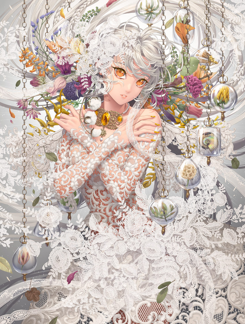 1girl bare_shoulders breasts dress flower frilled_dress frills highres jewelry lace long_hair looking_at_viewer minami_(minami373916) nail_polish necklace orange_eyes original see-through silver_hair small_breasts solo standing white_dress yellow_eyes