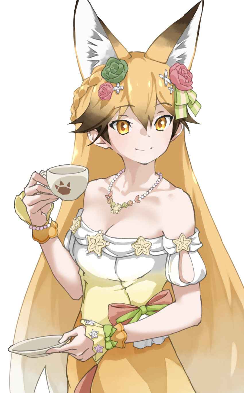 1girl animal_ear_fluff animal_ears bangs bare_shoulders black_hair blonde_hair braid breasts collarbone commentary crown_braid cup dress extra_ears eyebrows_visible_through_hair ezo_red_fox_(kemono_friends) flower fox_ears fox_girl gradient_hair hair_between_eyes hair_flower hair_ornament highres holding holding_cup jewelry kemono_friends long_hair looking_at_viewer medium_breasts multicolored_hair necklace orange_eyes pearl_necklace simple_background smile solo tanabe_(fueisei) very_long_hair white_background