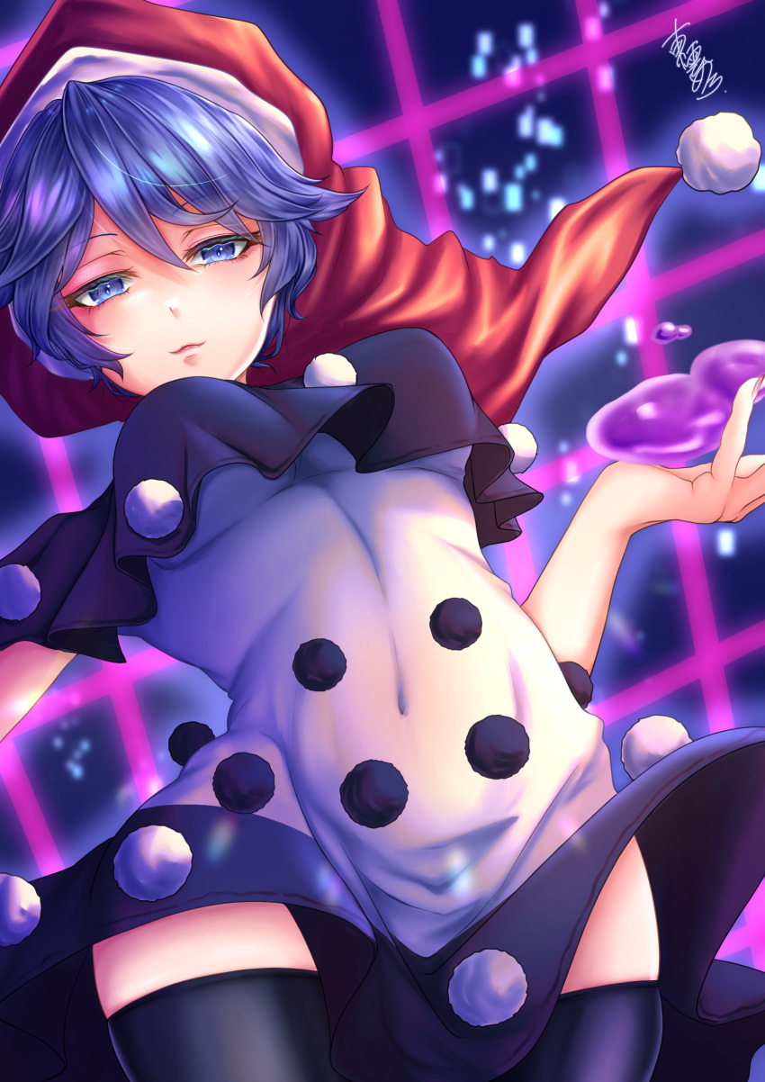 1girl :3 bangs black_capelet black_legwear blob blue_eyes breasts capelet closed_mouth commentary_request covered_navel dark_blue_hair doremy_sweet dream_world_(touhou) dress eyelashes feet_out_of_frame fingernails grid hat highres legacy_of_lunatic_kingdom light_smile lips looking_at_viewer medium_breasts mononobe_kanako nightcap pink_nails pom_pom_(clothes) red_headwear shiny shiny_hair short_hair signature solo thigh-highs thighs touhou under_boob white_dress
