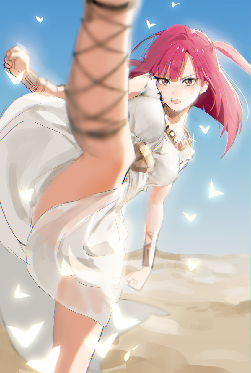 1girl absurdres ankle_lace-up arm_guards blue_sky blush breasts desert dress high_kick highres kicking magi_the_labyrinth_of_magic medium_breasts medium_hair morgiana necktie open_mouth red_eyes redhead short_hair sinomi sky solo standing standing_on_one_leg sweat