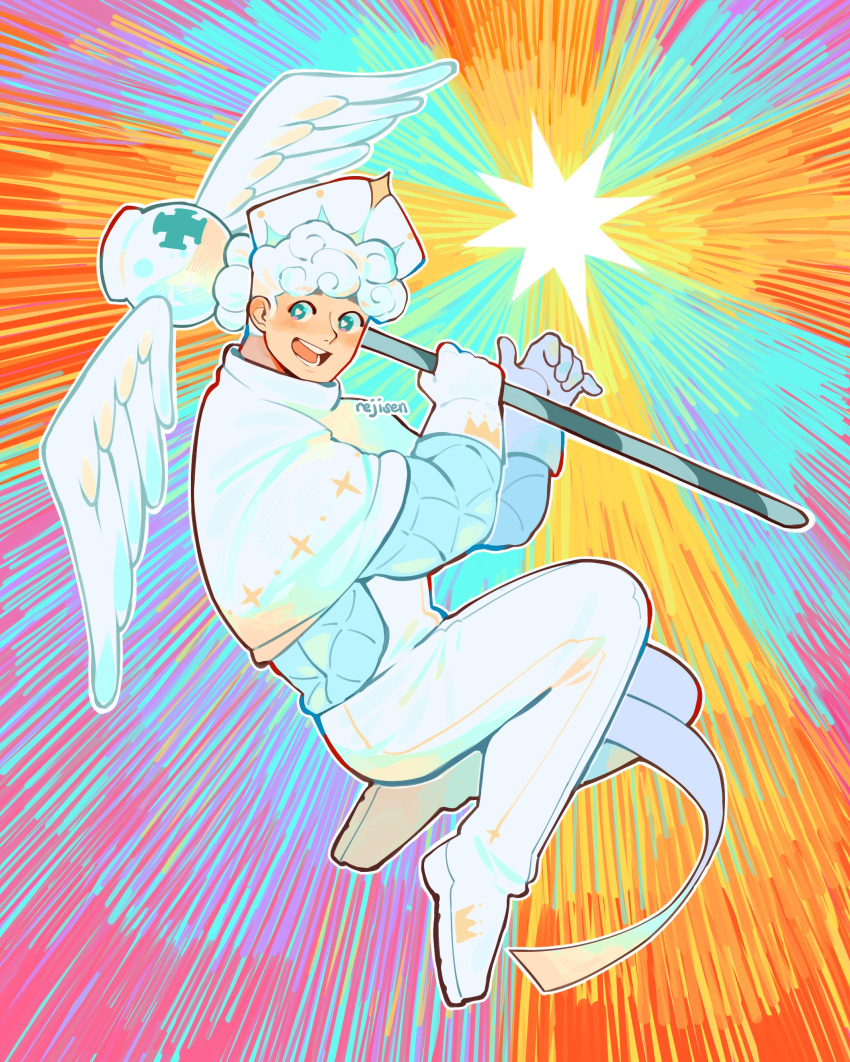 1boy absurdres blue_eyes candy_stick capelet cookie_run cross cross_potent crown_(symbol) curly_hair diamond_(shape) gambeson gloves greek_cross grin hat heart heart-shaped_pupils highres holding humanization light_rays looking_at_viewer male_focus milk_cookie multicolored_background muscular muscular_male open_mouth reji_(_rejisen) short_hair smile solo staff star_(symbol) symbol-shaped_pupils teeth twitter_username weapon white_gloves white_hair wings