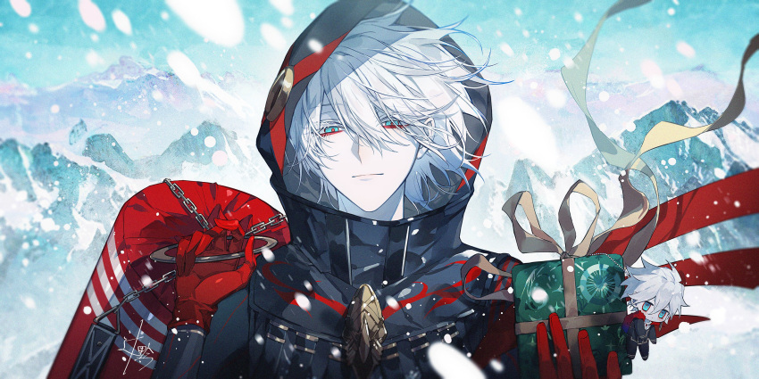 1boy absurdres bishounen blue_eyes box chibi chinese_commentary christmas christmas_present coat colored_skin eyeshadow fate/grand_order fate_(series) gift gift_box gloves hat highres holding hood hood_up karna_(fate) karna_(santa)_(fate) looking_at_viewer makeup male_focus mountain red_gloves short_hair sky smile snow snowing solo sqloveraven tsurime upper_body white_hair white_skin