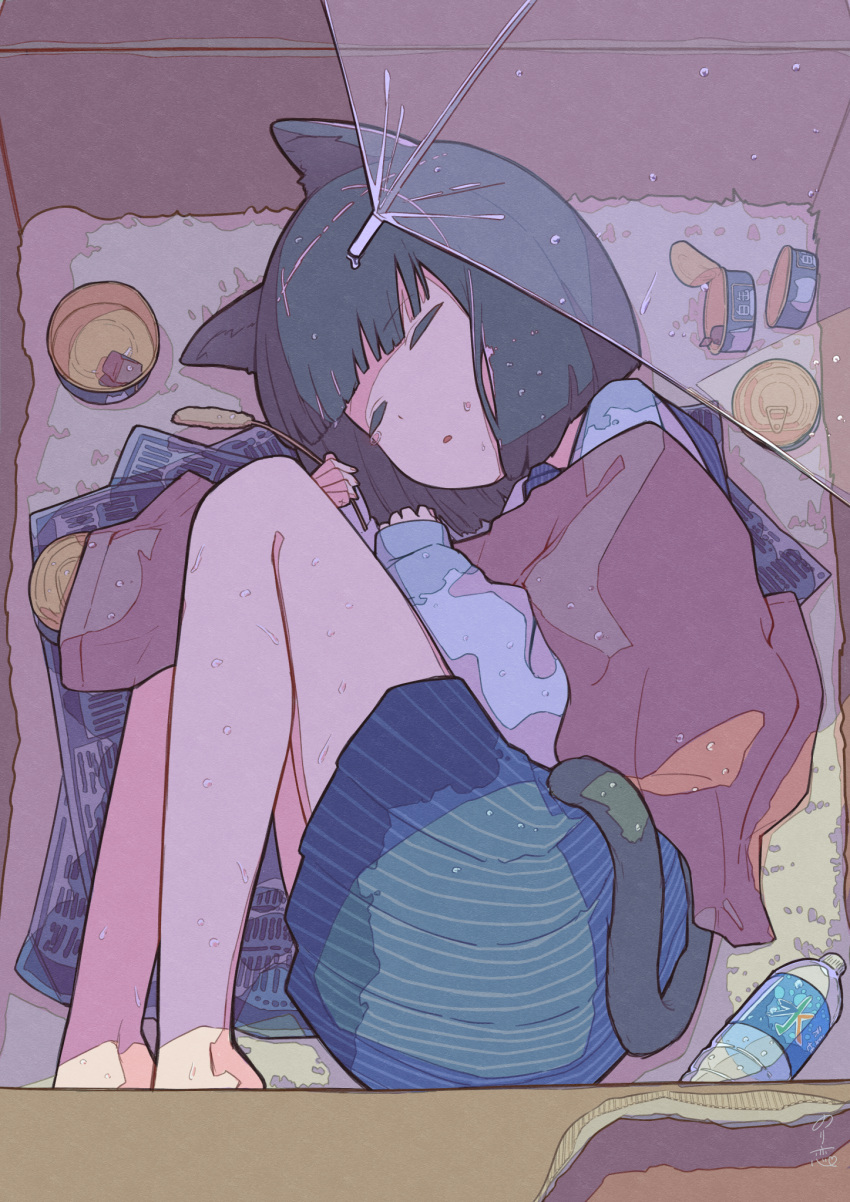 1girl animal_ears bangs barefoot black_hair black_tail blue_sailor_collar blue_skirt blunt_bangs bottle box can canned_food cardboard_box cat_ears cat_girl cat_tail cattail closed_eyes commentary_request fetal_position from_above highres holding in_box in_container long_sleeves lying newspaper norikoi on_side original parted_lips pet_food pinstripe_pattern pinstripe_skirt plant plastic_bottle pleated_skirt sailor_collar school_uniform serafuku shirt short_hair signature skirt sleeping sleeves_past_wrists solo striped striped_skirt tail towel transparent transparent_umbrella umbrella vertical-striped_skirt vertical_stripes water_bottle white_shirt