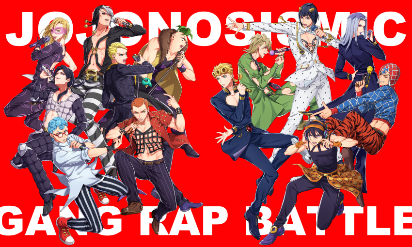 6+boys absurdres black_eyes black_hair black_sclera colored_sclera formaggio full_body ghiaccio giorno_giovanna highres holding holding_microphone illuso jojo_no_kimyou_na_bouken leone_abbacchio long_hair long_sleeves microphone middle_finger multiple_boys navel open_mouth pesci red_background red_eyes risotto_nero shakuyouka shirt short_hair simple_background single_sleeve sleeveless sleeveless_coat sleeveless_shirt sleeves_rolled_up vento_aureo