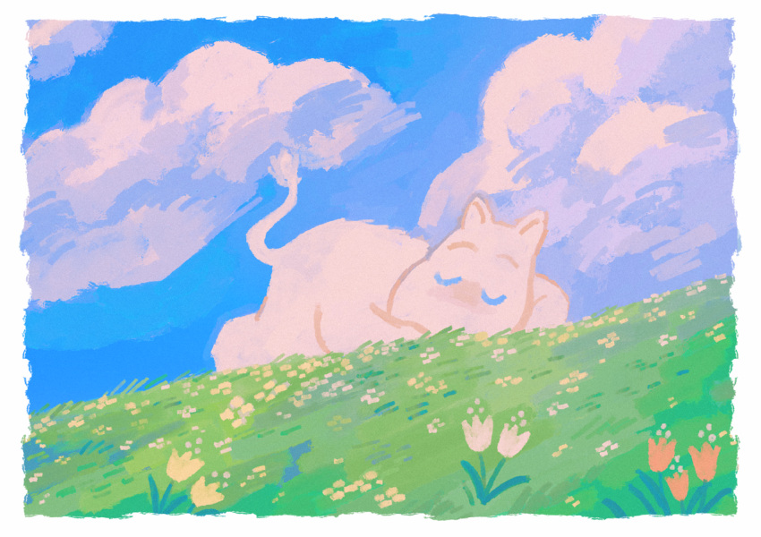 blue_sky border closed_eyes clouds cloudy_sky day derivative_work english_commentary facing_viewer film_grain flower full_body grass iradraws lying moomin moomintroll muted_color nature no_humans no_lineart on_grass on_ground on_stomach red_flower scenery screencap_redraw sky sleeping solo u_u white_border white_flower yellow_flower