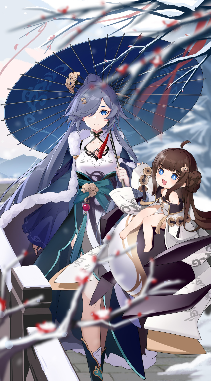2girls :d absurdres bangs bare_shoulders barefoot black_hair blue_eyes blurry blurry_foreground book_of_fuxi boots branch brown_hair china_dress chinese_clothes closed_mouth double_bun dress floating fu_hua fu_hua_(azure_empyrea) green_footwear hair_ornament hair_over_one_eye highres holding holding_umbrella honkai_(series) honkai_impact_3rd long_hair long_sleeves looking_at_viewer monabianou multiple_girls oil-paper_umbrella open_mouth ponytail smile snow snowing toes umbrella white_sky