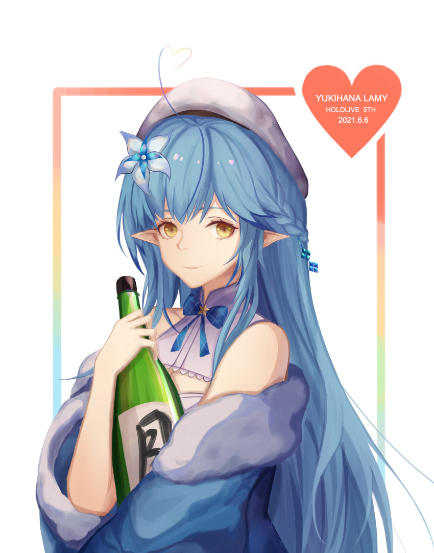1girl absurdres add_leir ahoge bangs blue_bow blue_bowtie blue_hair bottle bow bowtie braid character_name closed_mouth dated english_text eyebrows_visible_through_hair flower french_braid hair_flower hair_ornament heart_ahoge highres holding holding_bottle hololive long_hair looking_at_viewer pointy_ears simple_background smile solo upper_body virtual_youtuber white_headwear yellow_eyes yukihana_lamy