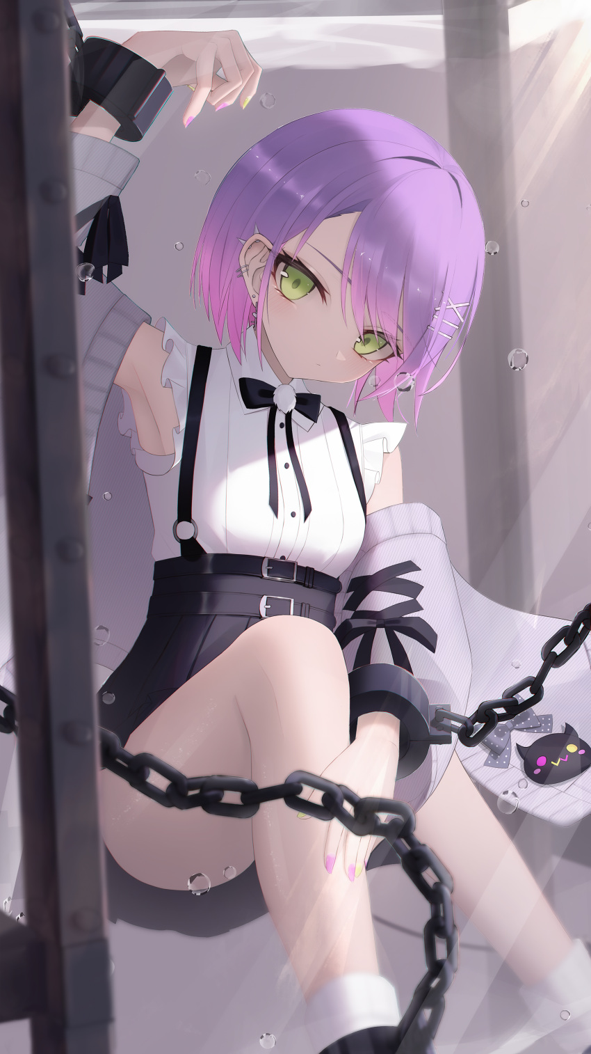 1girl absurdres bangs bibi_(tokoyami_towa) black_skirt bound cardigan chain commentary_request cuffs green_eyes hair_ornament hairclip high-waist_skirt highres hololive looking_at_viewer multicolored_hair open_cardigan open_clothes pink_hair purple_hair shirt skirt sleeveless sleeveless_shirt solo suspender_skirt suspenders thomas_8000 tokoyami_towa two-tone_hair virtual_youtuber white_shirt x_hair_ornament