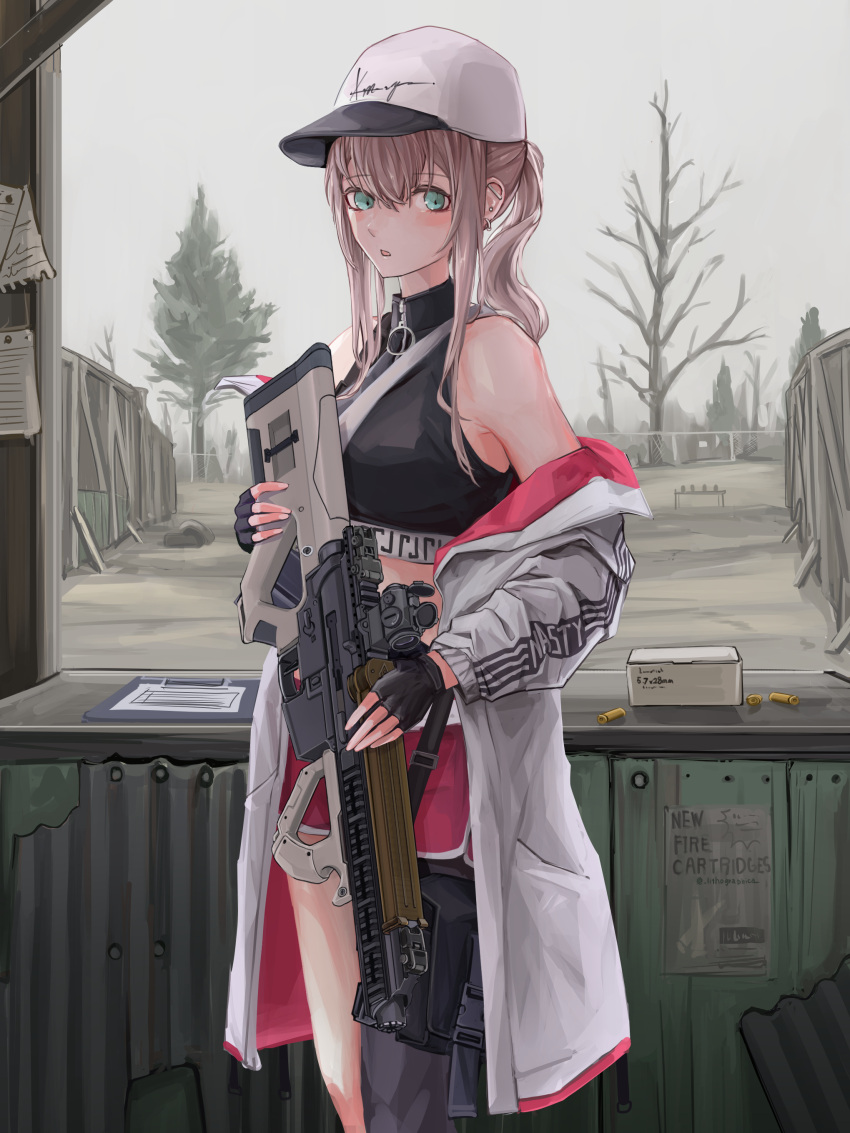 1girl :o absurdres aqua_eyes ar-57 ar-57_(girls'_frontline) assault_rifle bangs black_gloves black_tank_top blonde_hair bullet crop_top eye_piercing eyebrows_visible_through_hair feet_out_of_frame fingerless_gloves girls_frontline gloves gun hair_between_eyes highres holding holding_gun holding_weapon jacket jacket_pull lithographica long_hair looking_at_viewer off_shoulder open_clothes open_jacket open_mouth pink_shorts revision rifle scenery shorts solo standing tank_top tree weapon white_headwear white_jacket