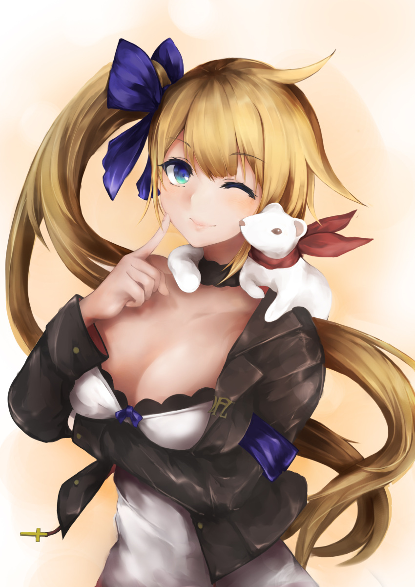 1girl absurdres bangs black_jacket blonde_hair blue_eyes breasts closed_mouth cross crossed_arms dress eyebrows_visible_through_hair fal_(girls'_frontline) finger_to_cheek girls_frontline hair_ribbon highres jacket lips long_hair looking_at_viewer marche_mk14 medium_breasts one_eye_closed open_clothes open_jacket ribbon side_ponytail simple_background smile solo standing white_dress