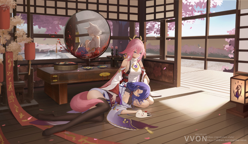 3girls absurdres animal_ears architecture artist_name bangs banner black_legwear cherry_blossoms crossed_bangs dated day detached_sleeves earrings east_asian_architecture fox_ears fox_mask fox_tail genshin_impact hair_between_eyes hair_ornament hand_on_another's_stomach highres interior japanese_clothes jewelry kimono kitsune_saiguu lantern lap_pillow long_hair looking_at_another lying mask miko mirror mirror_image multiple_girls obi on_side paper_lantern petals pink_hair pond purple_hair purple_kimono raiden_shogun reflection sash scenery seiza short_hair sitting sleeping smile table tail thigh-highs tree v-von vision_(genshin_impact) white_hair wooden_floor yae_miko