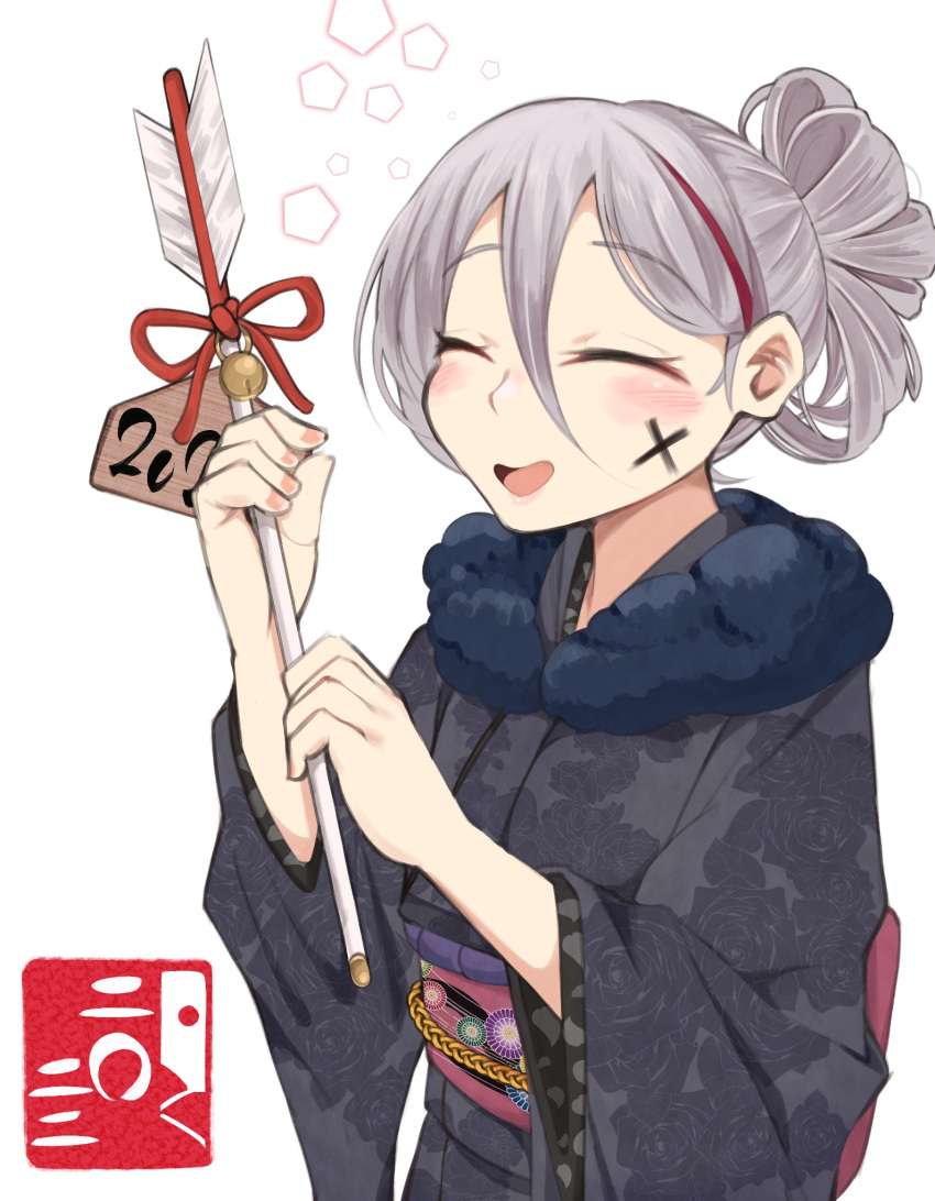 1girl 2022 alternate_costume arrow_(projectile) bangs blush closed_eyes eyebrows_visible_through_hair fingernails fur-trimmed_kimono fur_trim girls_frontline grey_hair hair_ornament highres holding holding_arrow japanese_clothes kimono kuzumotsu long_hair new_year open_mouth smile solo t-cms_(girls'_frontline) upper_body white_background