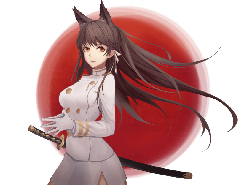 1girl add_leir animal_ear_fluff animal_ears atago_(azur_lane) azur_lane bangs breasts brown_eyes brown_hair closed_mouth eyebrows_visible_through_hair gloves hair_ribbon highres holstered_weapon lips long_hair looking_at_viewer medium_breasts ribbon simple_background skirt smile solo standing uniform white_gloves white_skirt