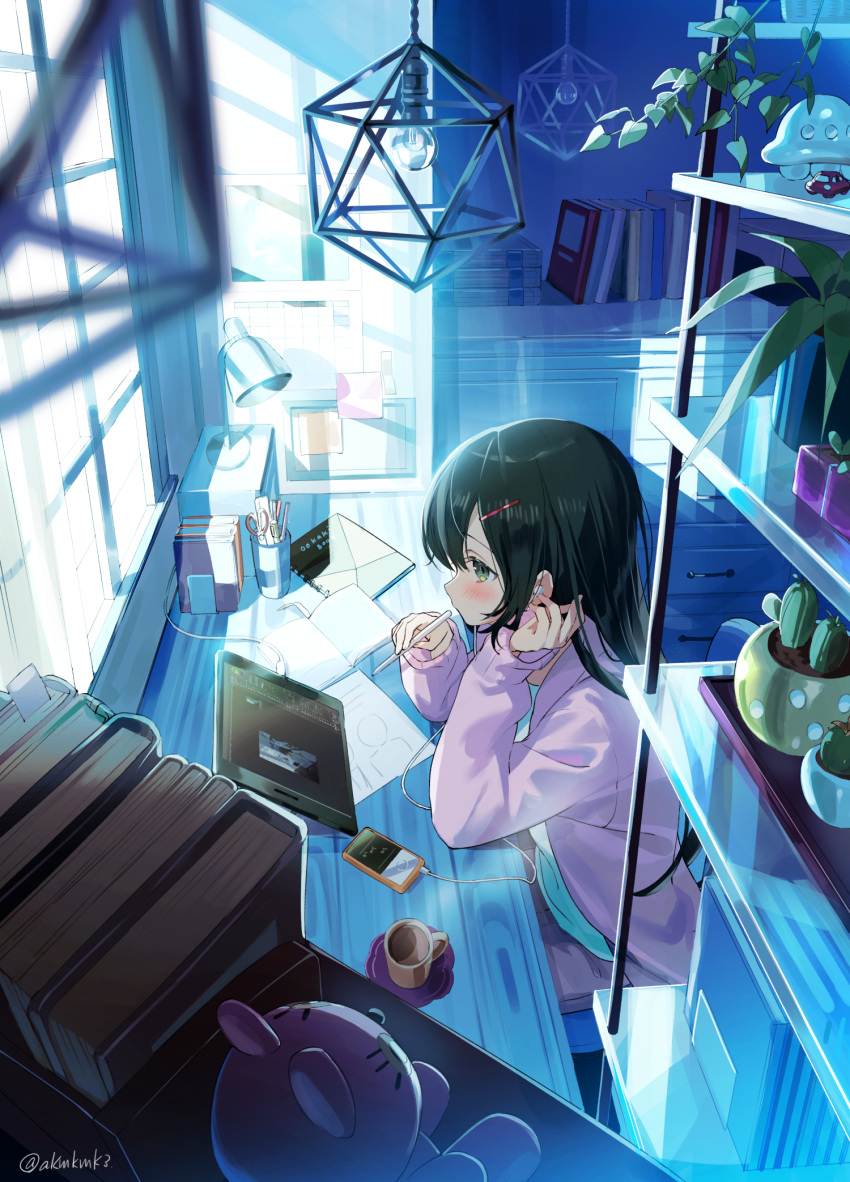 1girl akamoku bangs banned_artist black_hair black_pants blush book cactus ceiling_light cellphone charger commentary_request cup curtains day doily drawing_tablet earphones earphones eyebrows_visible_through_hair from_side green_eyes hair_between_eyes hair_ornament hairclip highres indoors jacket lamp long_hair long_sleeves mug notebook open_clothes open_jacket original pants phone pink_jacket plant potted_plant profile puffy_long_sleeves puffy_sleeves shelf shirt sitting sleeves_past_wrists solo stuffed_animal stuffed_toy sunlight toy_car very_long_hair white_shirt window