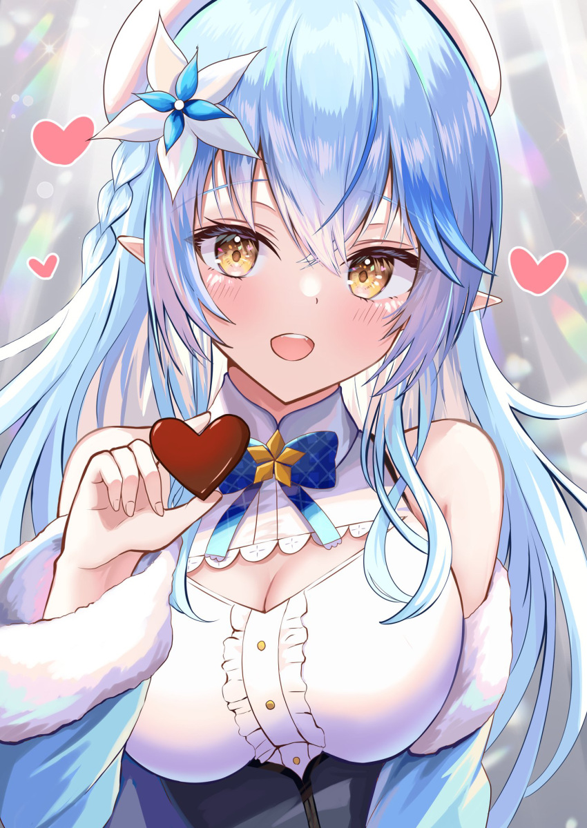 1girl :d bangs bare_shoulders beret black_corset blue_bow blue_bowtie blue_coat blue_hair blush bow bowtie braid breasts candy center_frills chocolate cleavage_cutout clothing_cutout coat colored_tips corset elf fingernails flower food frilled_shirt frills fur-trimmed_coat fur_trim hair_between_eyes hair_flower hair_ornament hat heart heart-shaped_chocolate highres hololive large_breasts long_hair looking_at_viewer multicolored_hair off_shoulder onabe_no_shime open_mouth pointy_ears shirt sleeveless sleeveless_shirt smile streaked_hair underbust valentine virtual_youtuber white_footwear white_headwear white_shirt yellow_eyes yukihana_lamy
