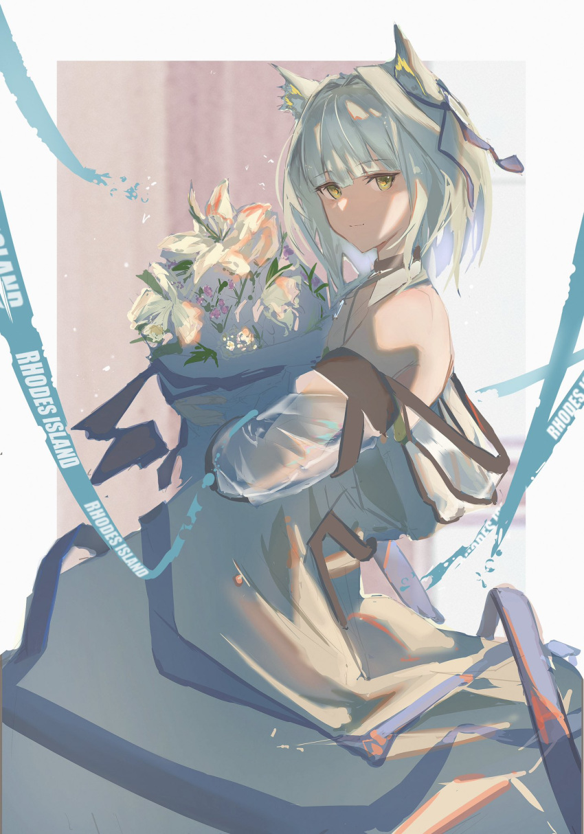 1girl animal_ear_fluff animal_ears arknights bangs bare_shoulders blunt_bangs bouquet cat_ears closed_mouth coat flower from_side green_eyes hair_intakes highres holding holding_bouquet kal'tsit_(arknights) long_sleeves looking_at_viewer looking_to_the_side off_shoulder open_clothes open_coat rinne0611 see-through short_hair silver_hair smile solo white_coat white_flower