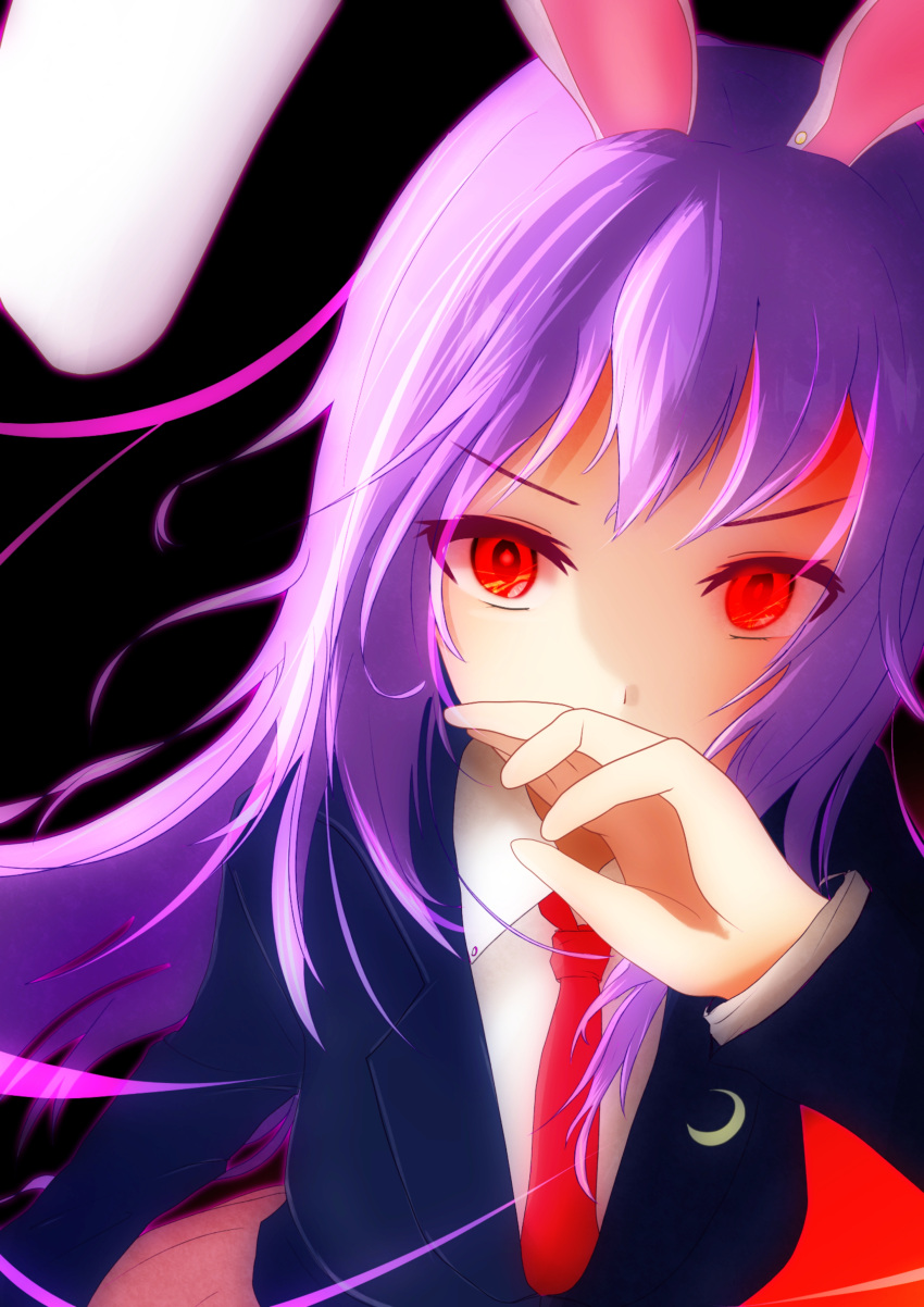 1girl absurdres accessories animal_ears colored_skin covered_mouth dark_background highres looking_at_viewer necktie purple_hair rabbit_ears red_eyes reisen_udongein_inaba solo tohojon3 touhou white_skin