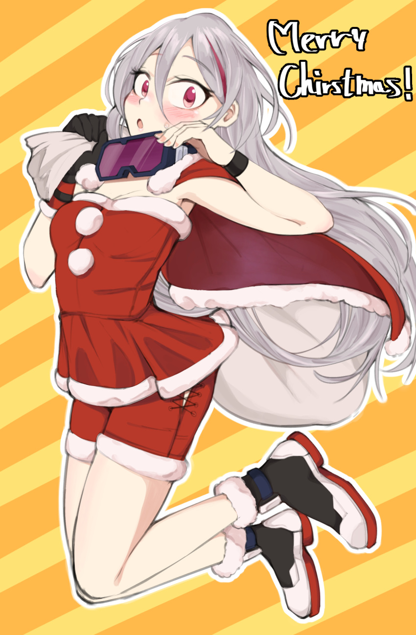 1girl :o bag bangs black_gloves blush boots breasts christmas eyebrows_visible_through_hair eyewear_around_neck fingernails full_body girls_frontline gloves grey_hair highres holding holding_bag kuzumotsu long_hair looking_at_viewer merry_christmas open_mouth safety_glasses santa_costume single_glove solo t-cms_(girls'_frontline) violet_eyes