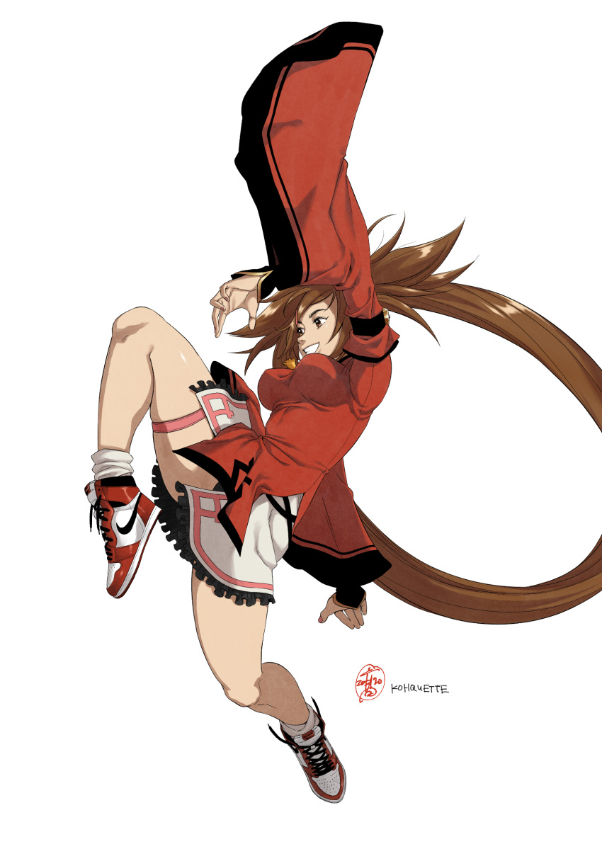 1girl absurdres bare_shoulders breasts brown_eyes brown_hair china_dress chinese_clothes detached_sleeves dress grin guilty_gear guilty_gear_xrd hair_ornament hair_ring highres impossible_clothes irene_koh kuradoberi_jam large_breasts leg_up long_hair midair nike open_mouth shoes smile sneakers solo thigh_strap twintails very_long_hair white_background wide_sleeves